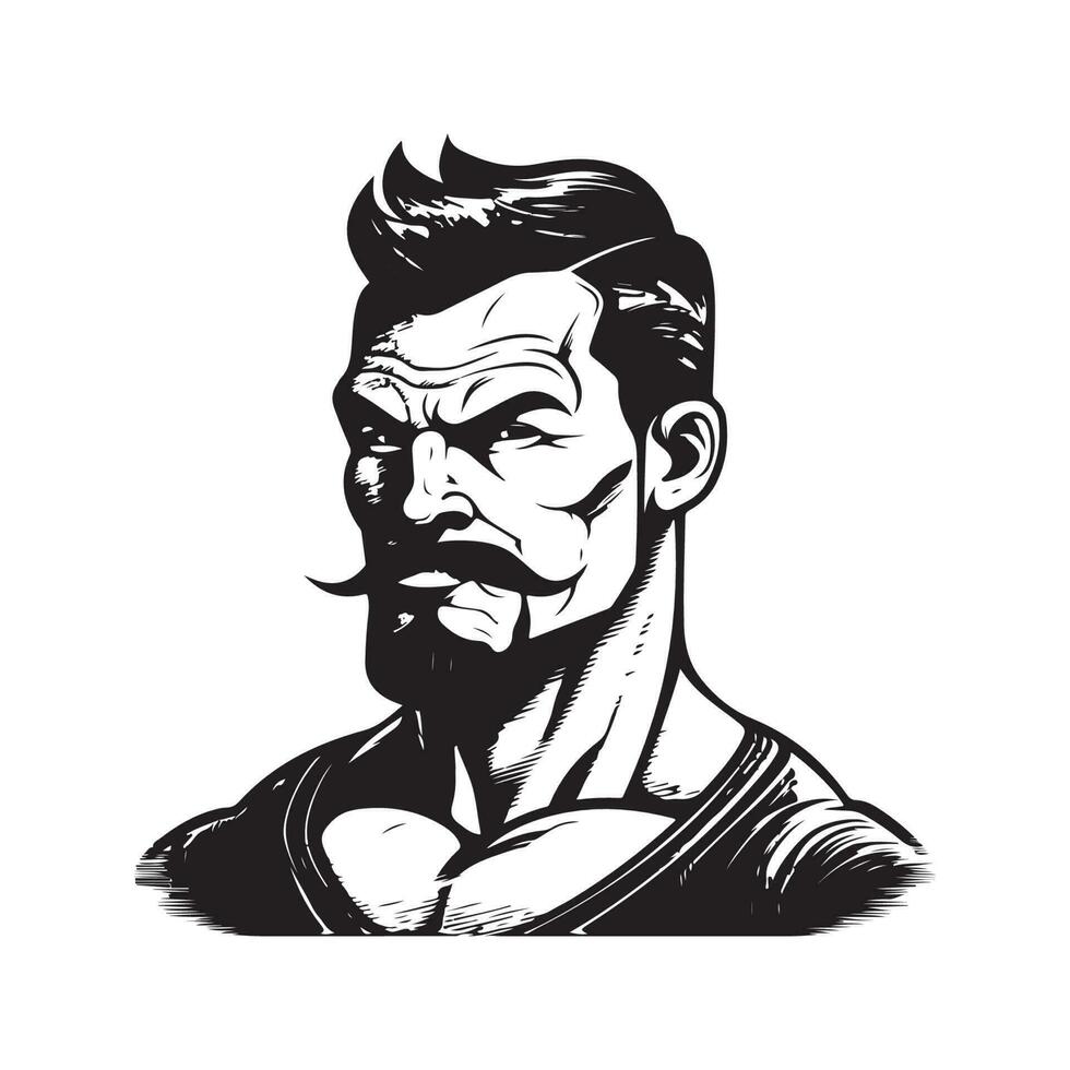 muscular handsome man, vintage logo line art concept black and white color, hand drawn illustration vector