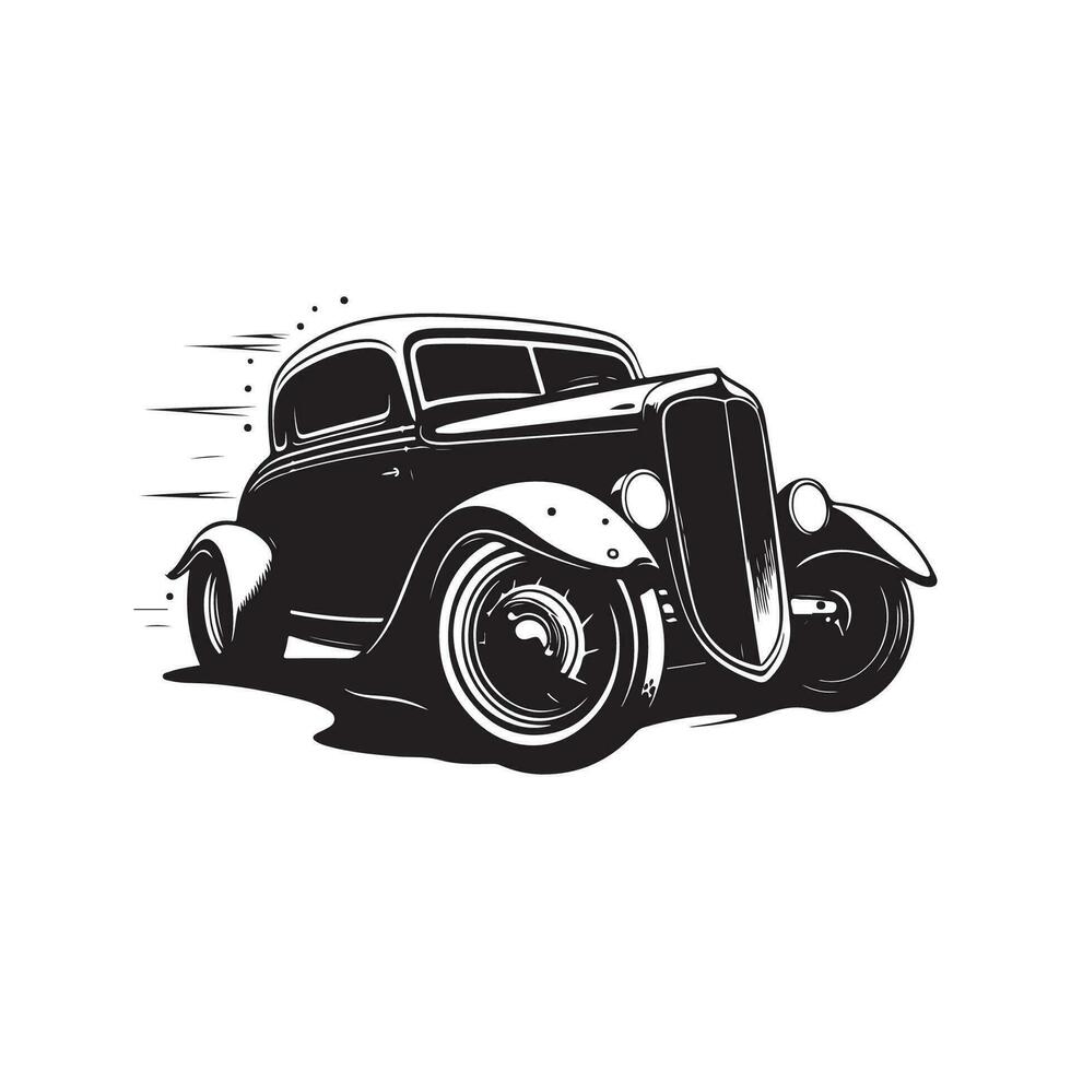 hot rod car, vintage logo line art concept black and white color, hand drawn illustration vector