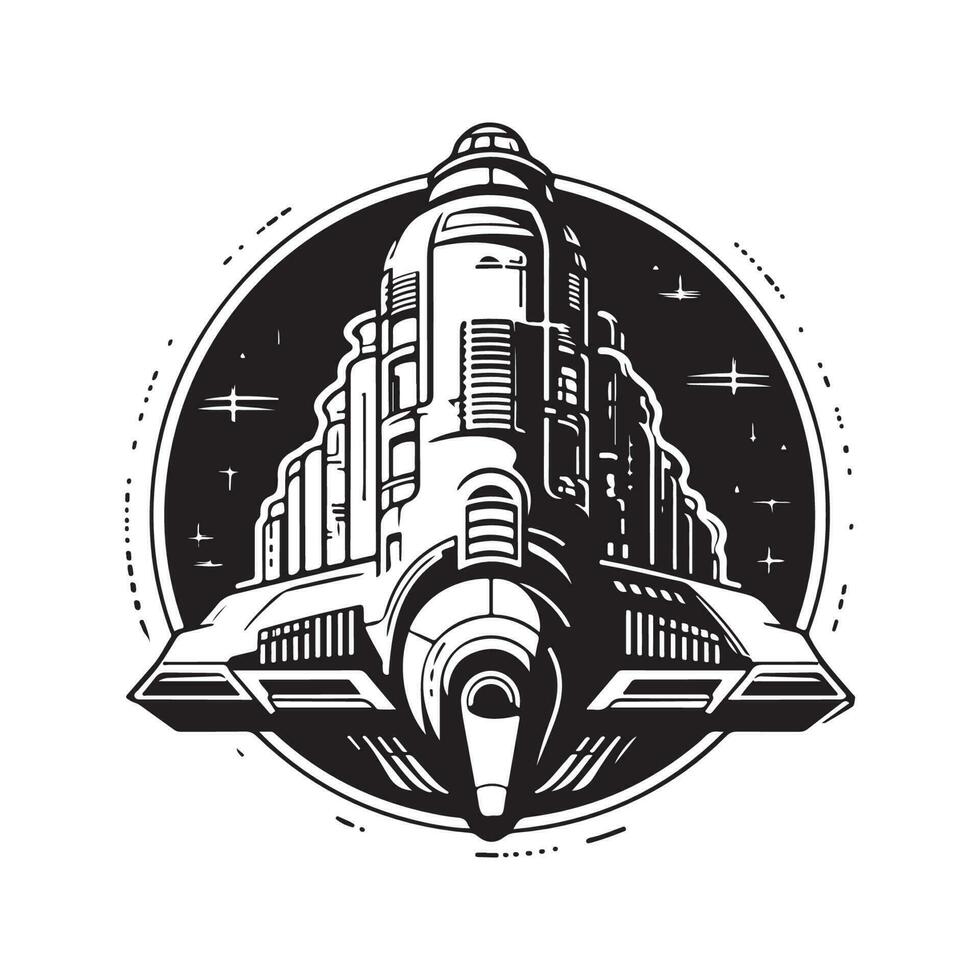 giant spaceship, vintage logo line art concept black and white color, hand drawn illustration vector