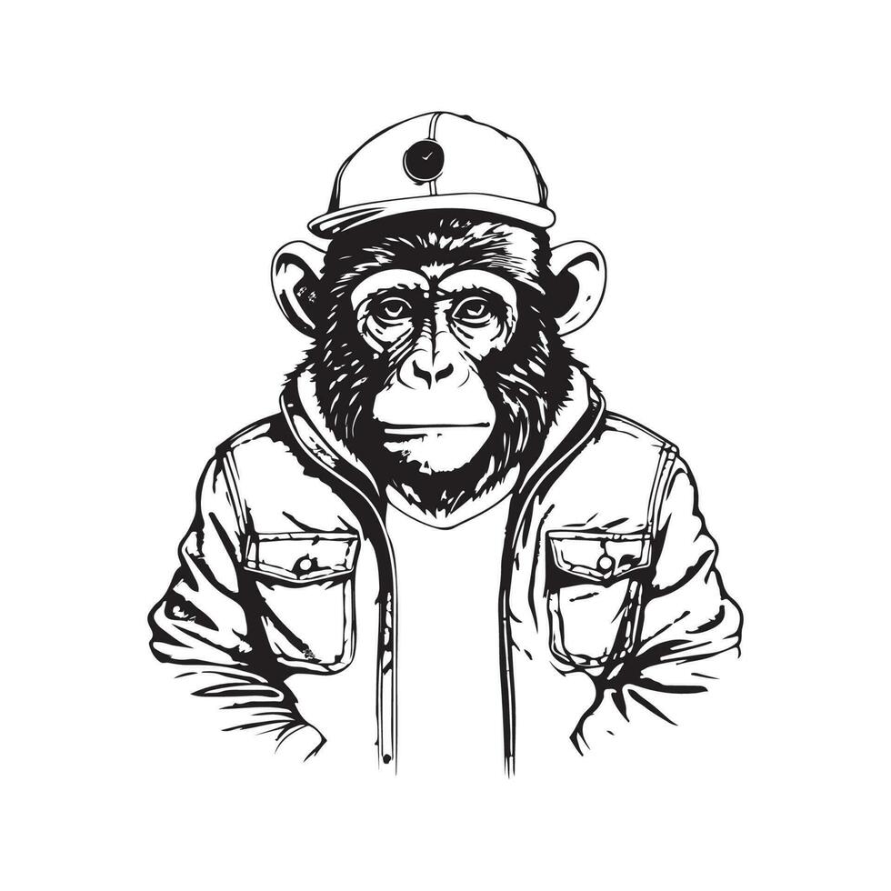 monkey dressed up in pullover, vintage logo line art concept black and white color, hand drawn illustration vector