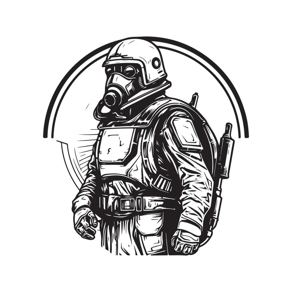 heroico militar Ciencias ficción, Clásico logo línea Arte concepto negro y blanco color, mano dibujado ilustración vector
