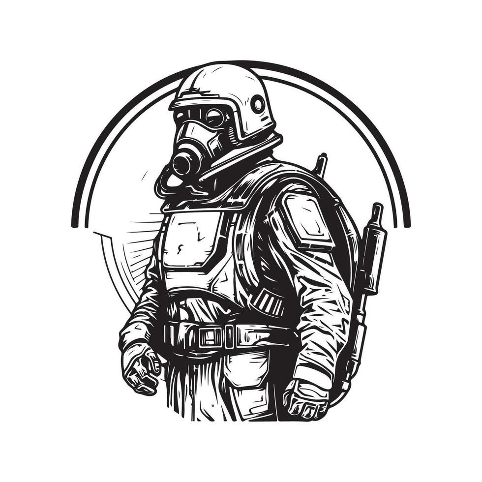 heroic military science fiction, vintage logo line art concept black and white color, hand drawn illustration vector