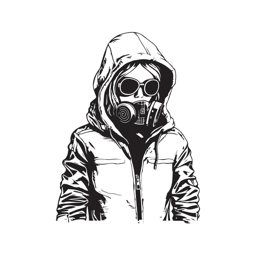 girl wearing jacket and gas mask, vintage logo line art concept black and white color, hand drawn illustration vector