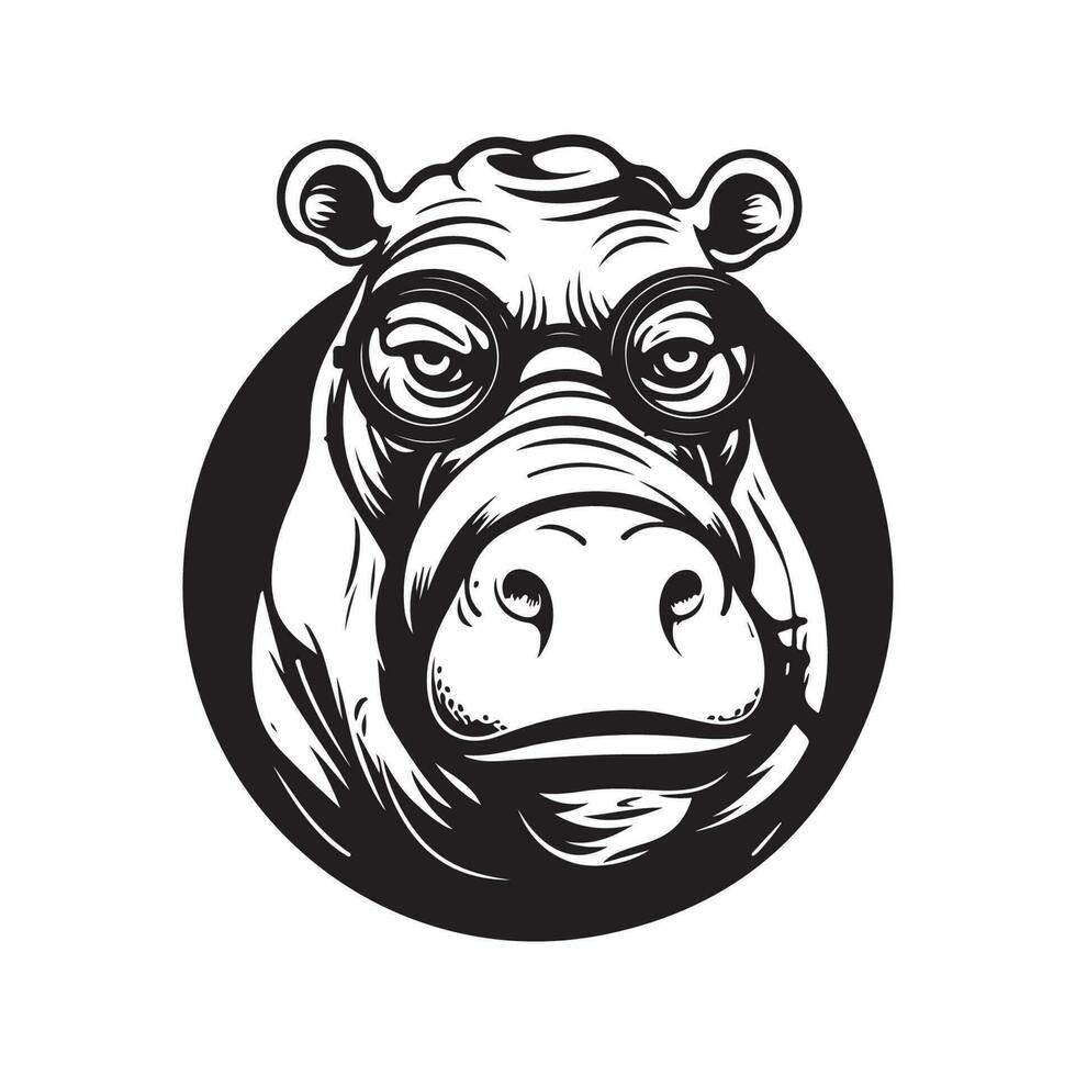 hippotamus, vintage logo line art concept black and white color, hand drawn illustration vector