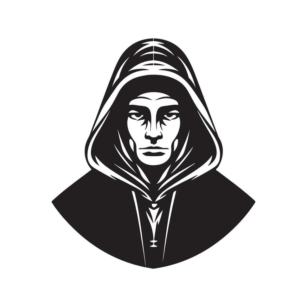 man in hood, vintage logo line art concept black and white color, hand drawn illustration vector
