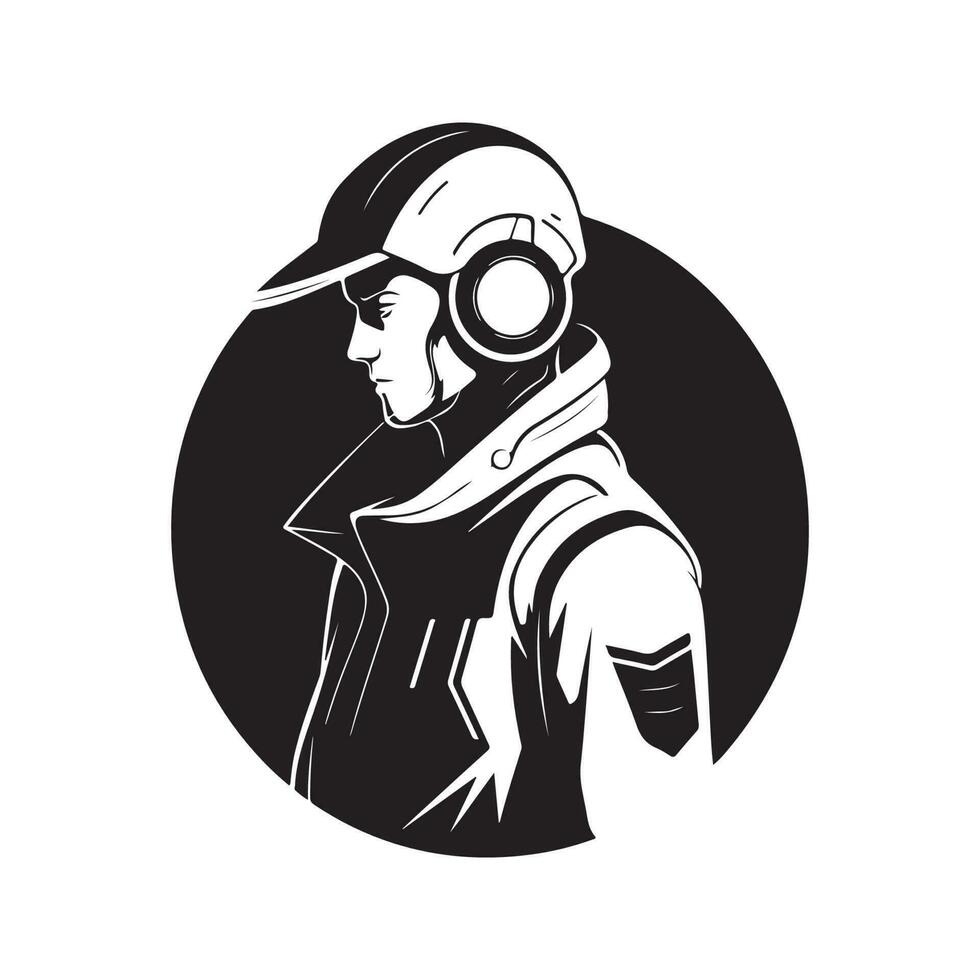 high tech futuristic man, vintage logo line art concept black and white color, hand drawn illustration vector