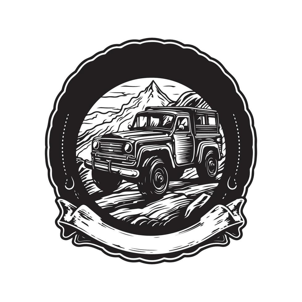 off road, vintage logo line art concept black and white color, hand drawn illustration vector