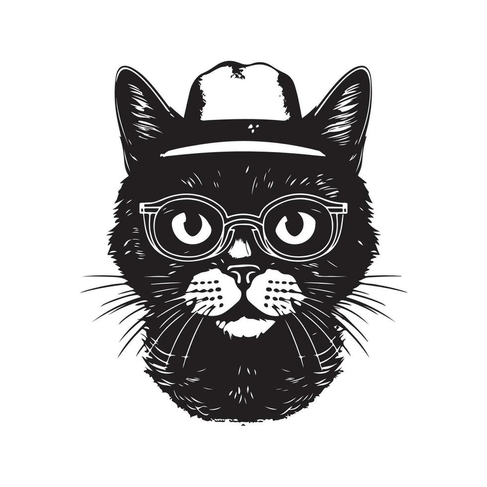 funny hipster cat, vintage logo line art concept black and white color, hand drawn illustration vector