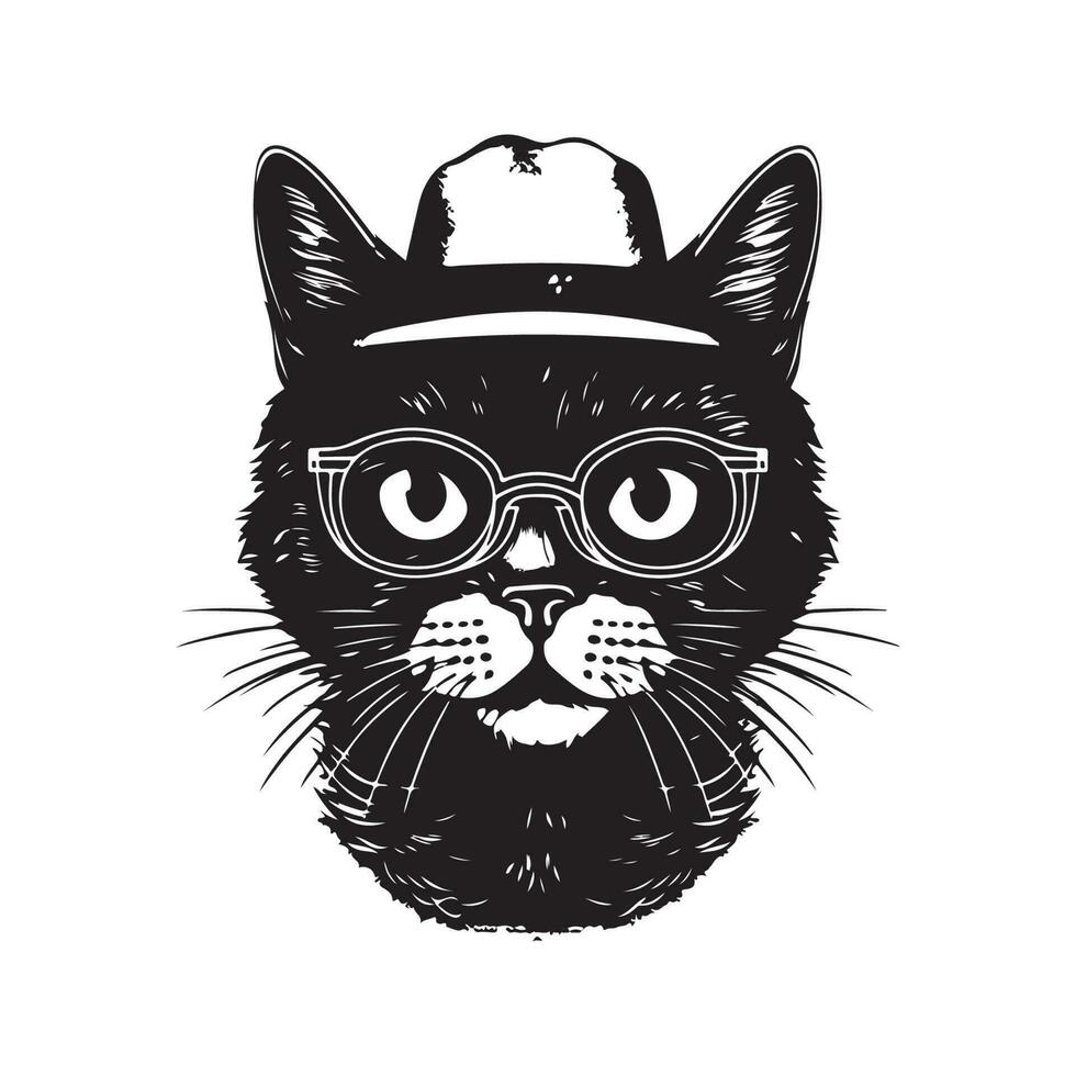 gracioso hipster gato, Clásico logo línea Arte concepto negro y blanco color, mano dibujado ilustración vector