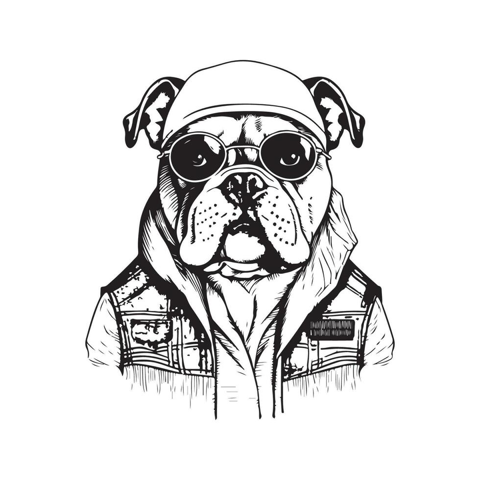 bulldog dressed up in pullover, vintage logo line art concept black and white color, hand drawn illustration vector