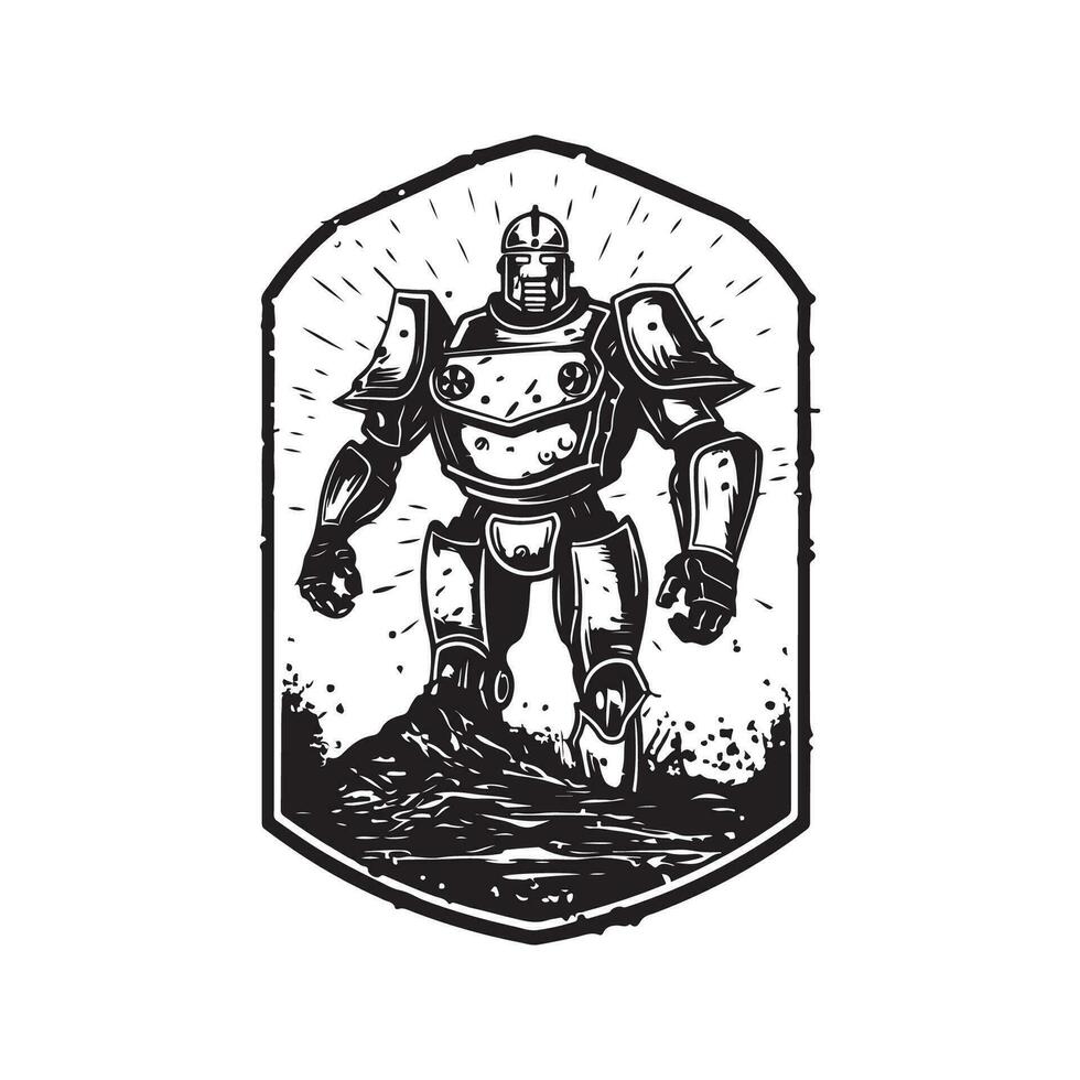 robot attack, vintage logo line art concept black and white color, hand drawn illustration vector