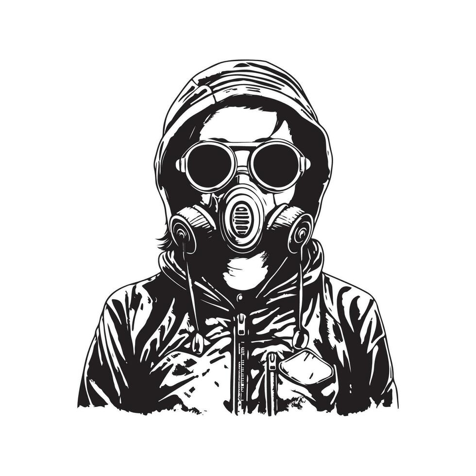 girl wearing jacket and gas mask, vintage logo line art concept black and white color, hand drawn illustration vector