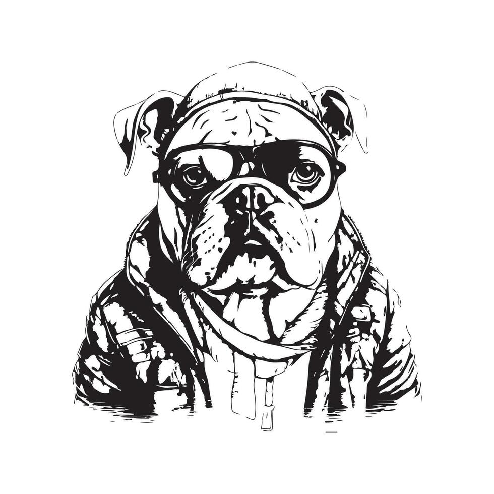 bulldog dressed up in pullover, vintage logo line art concept black and white color, hand drawn illustration vector