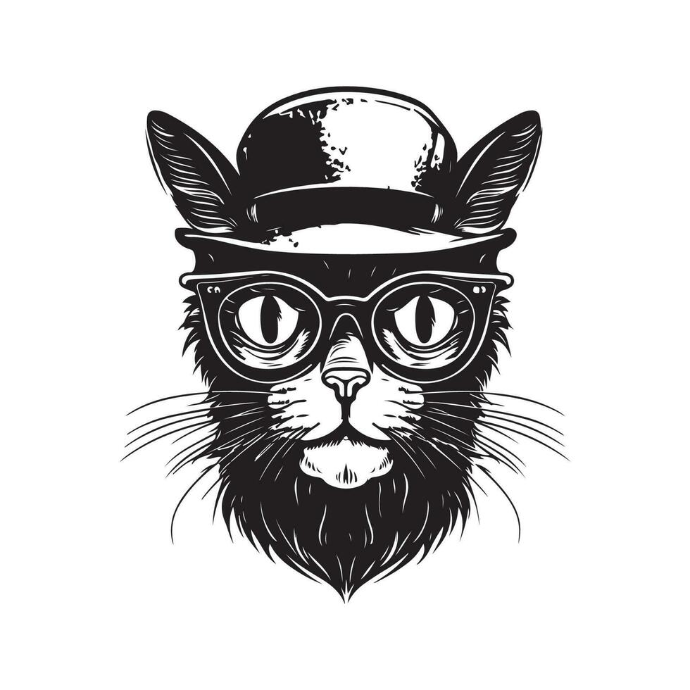 funny hipster cat, vintage logo line art concept black and white color, hand drawn illustration vector