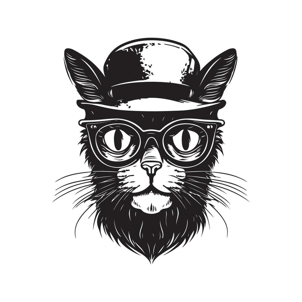 gracioso hipster gato, Clásico logo línea Arte concepto negro y blanco color, mano dibujado ilustración vector