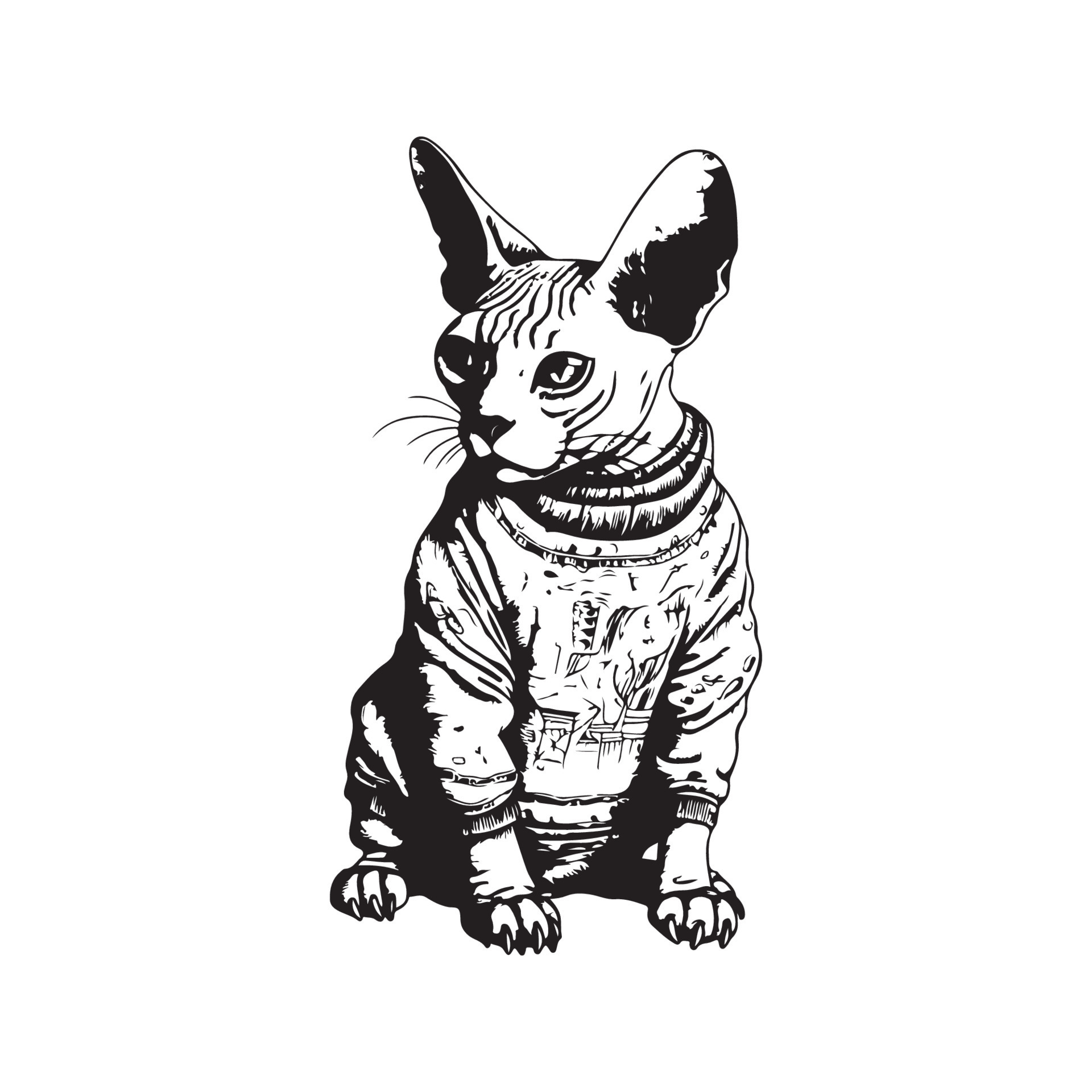 sphynx cat wearing sweater, vintage logo line art concept black and white color, hand drawn