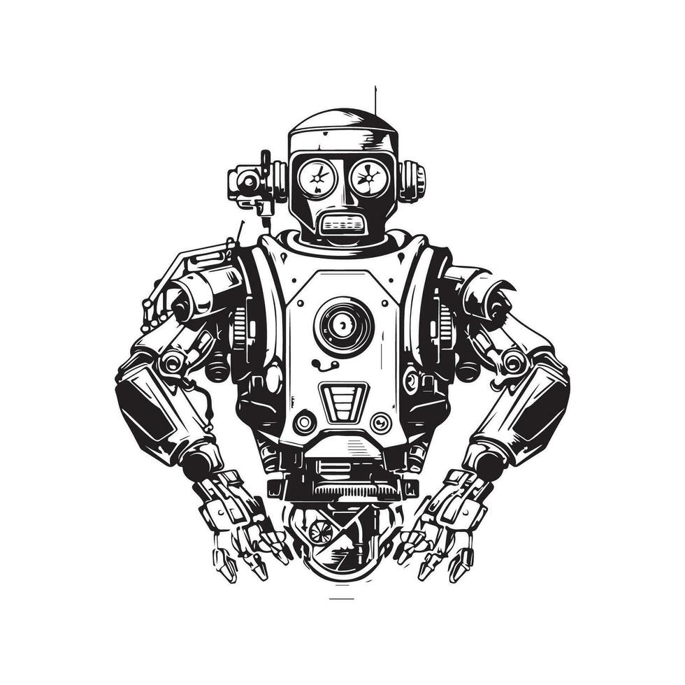 military robot, vintage logo line art concept black and white color, hand drawn illustration vector