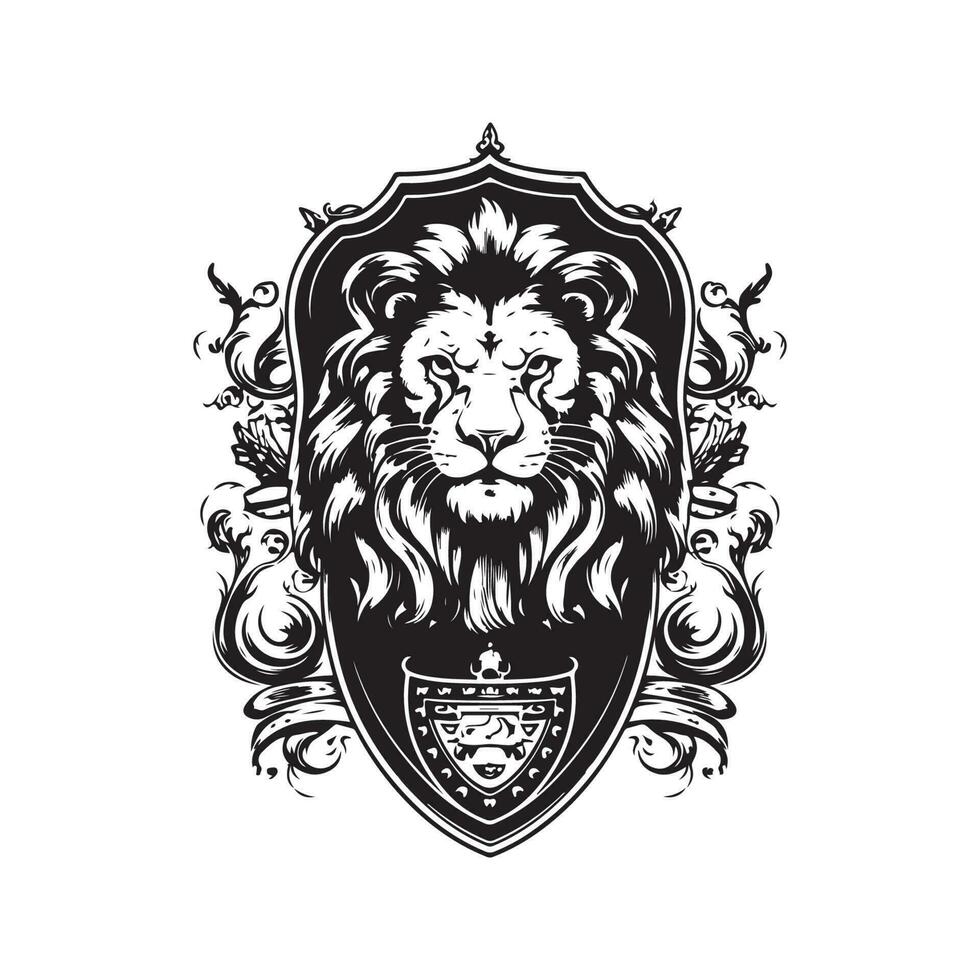 royal heraldic lion, vintage logo line art concept black and white color, hand drawn illustration vector