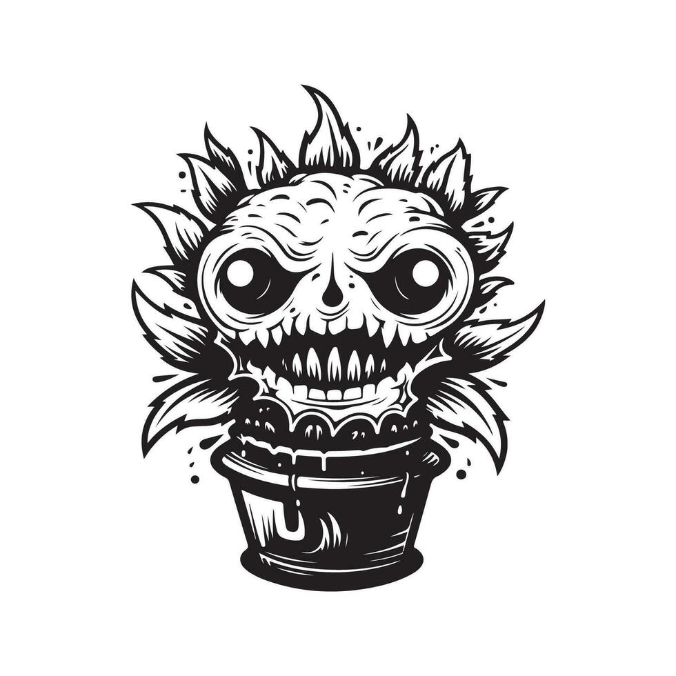 monster plant, vintage logo line art concept black and white color, hand drawn illustration vector