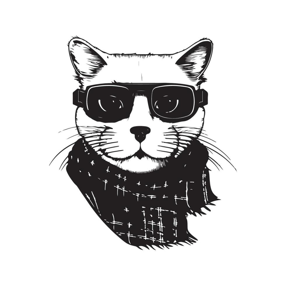 scottish cat wearing sunglasses and scarf, vintage logo line art concept black and white color, hand drawn illustration vector