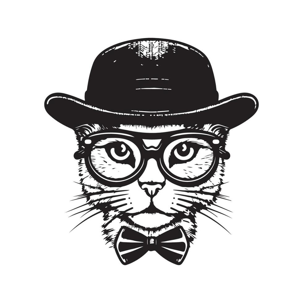 funny hipster cat, vintage logo line art concept black and white color, hand drawn illustration vector