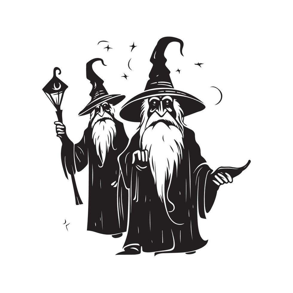 annoying wizard, vintage logo line art concept black and white color, hand drawn illustration vector