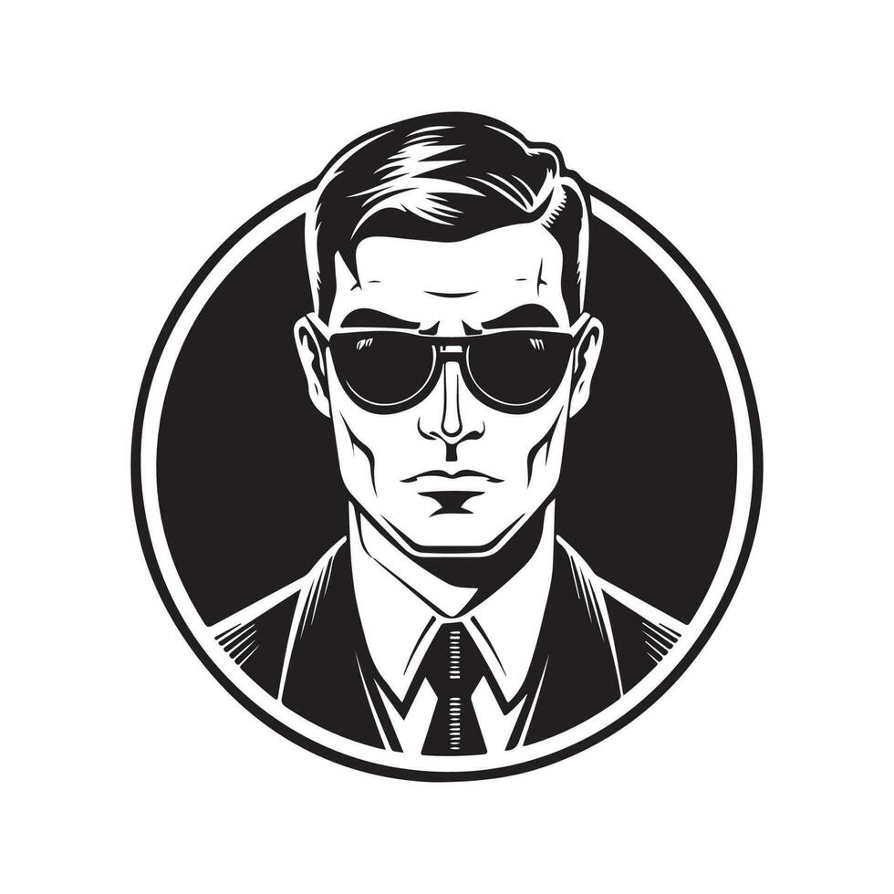 man in cyber glasses, vintage logo line art concept black and white color, hand drawn illustration vector