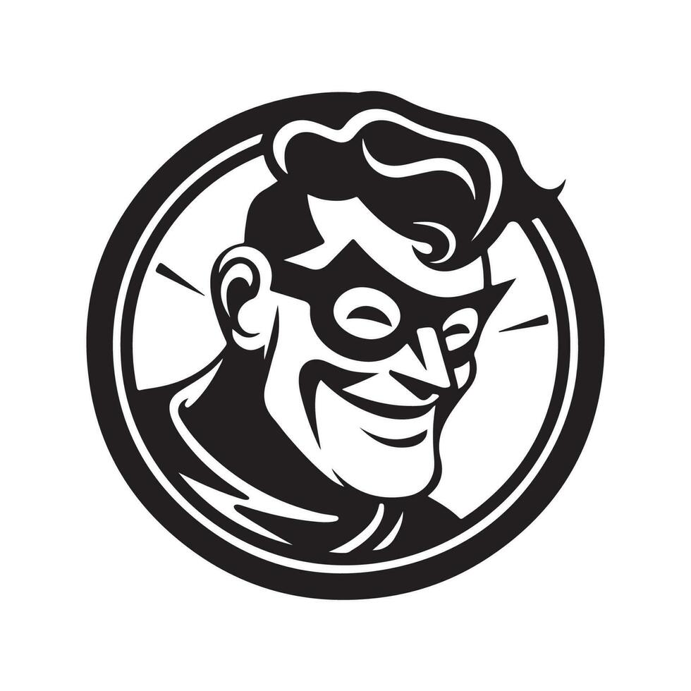 funny superhero, vintage logo line art concept black and white color, hand drawn illustration vector