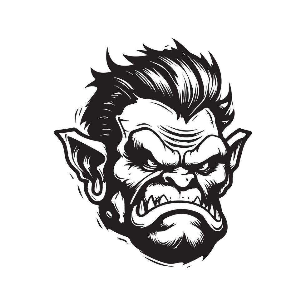 scheming orc, vintage logo line art concept black and white color, hand drawn illustration vector