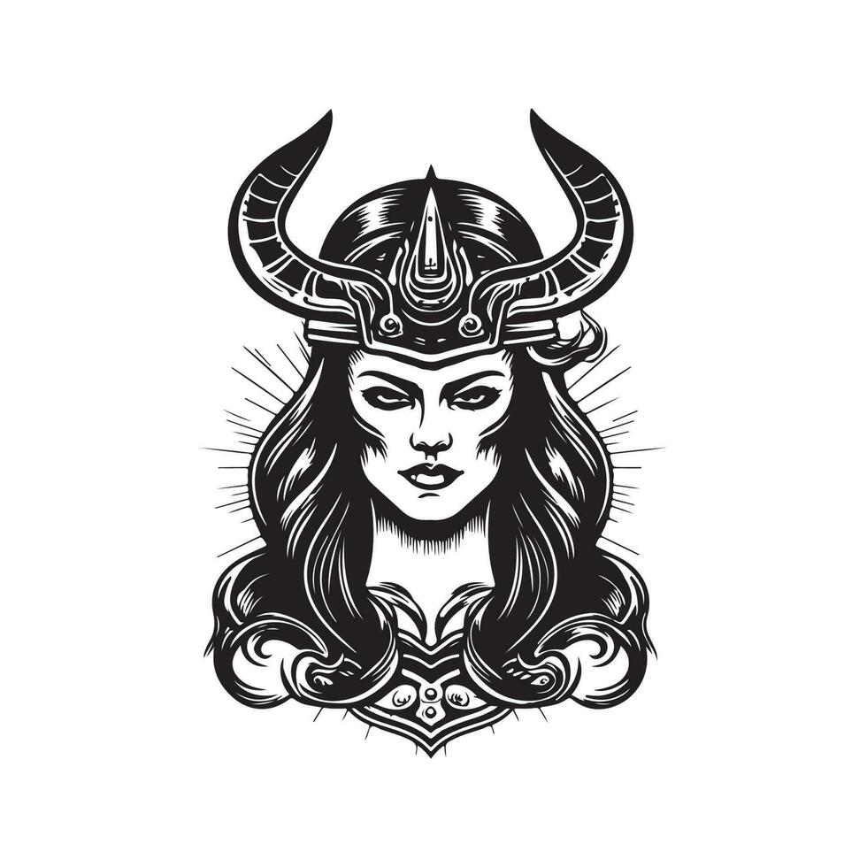 female viking, vintage logo line art concept black and white color, hand drawn illustration vector