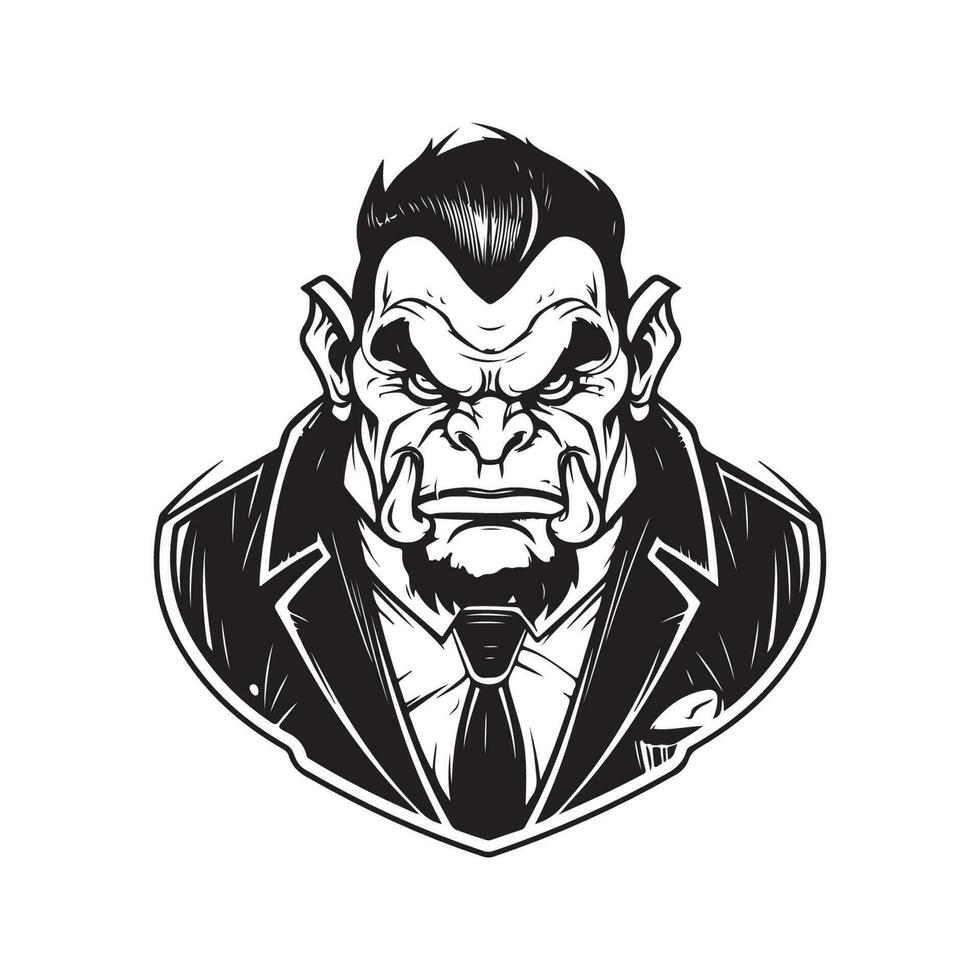 orc wearing suit, vintage logo line art concept black and white color, hand drawn illustration vector