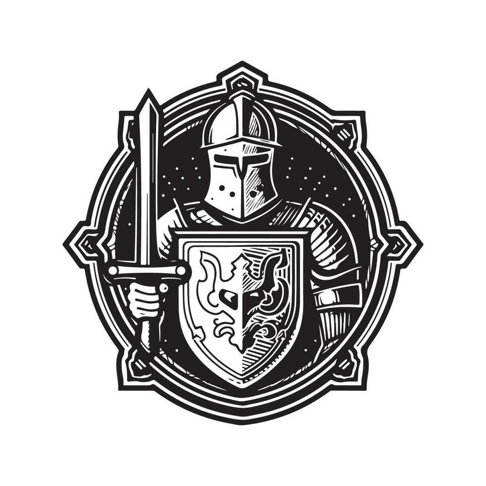 medieval knight, vintage logo line art concept black and white color, hand drawn illustration vector