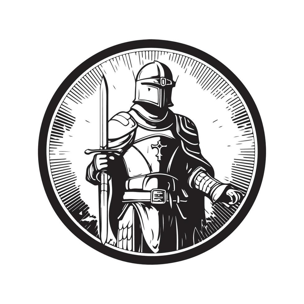heavenly soldier, vintage logo line art concept black and white color, hand drawn illustration vector
