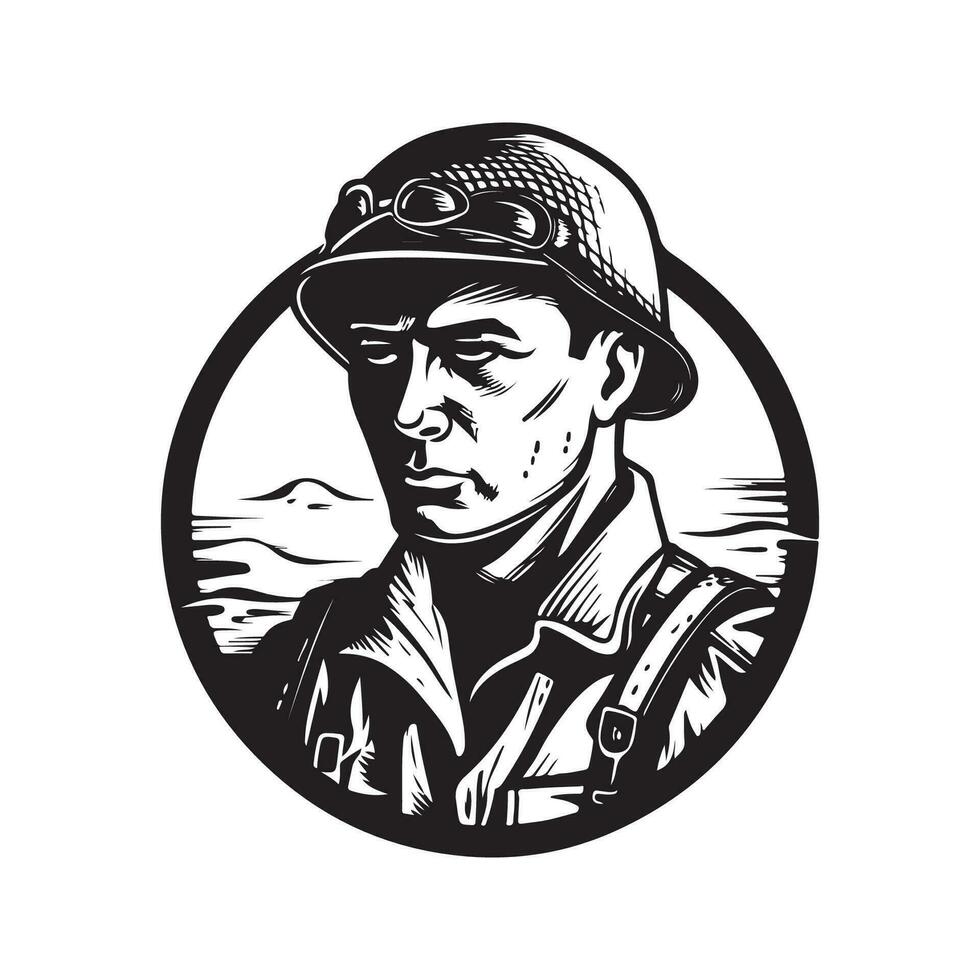 soldier character, vintage logo line art concept black and white color, hand drawn illustration vector