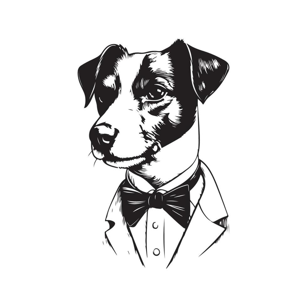 jack russell terrier wearing suit, vintage logo line art concept black and white color, hand drawn illustration vector