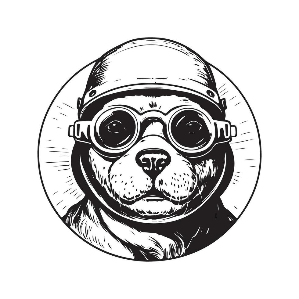 walrus pilot, vintage logo line art concept black and white color, hand drawn illustration vector