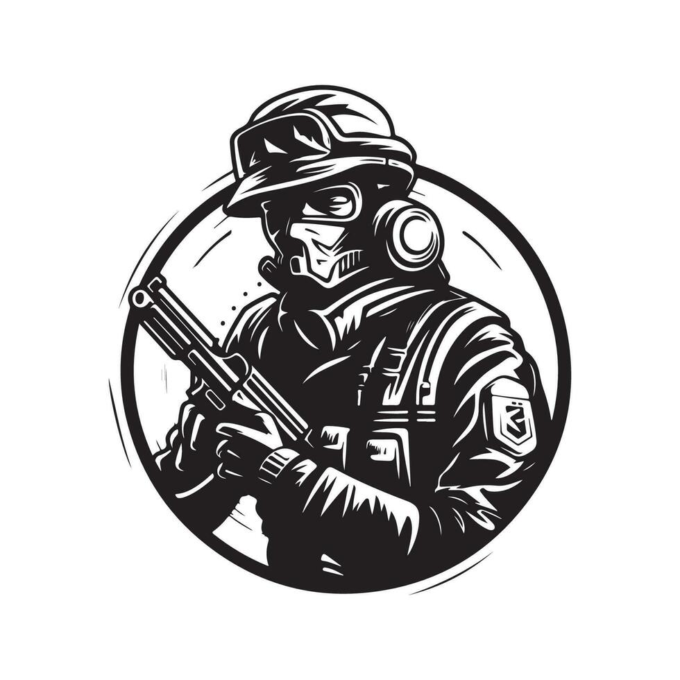 futurista soldado, Clásico logo línea Arte concepto negro y blanco color, mano dibujado ilustración vector