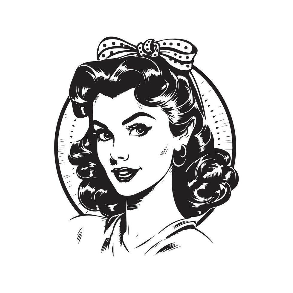 pretty pin up girl, vintage logo line art concept black and white color, hand drawn illustration vector