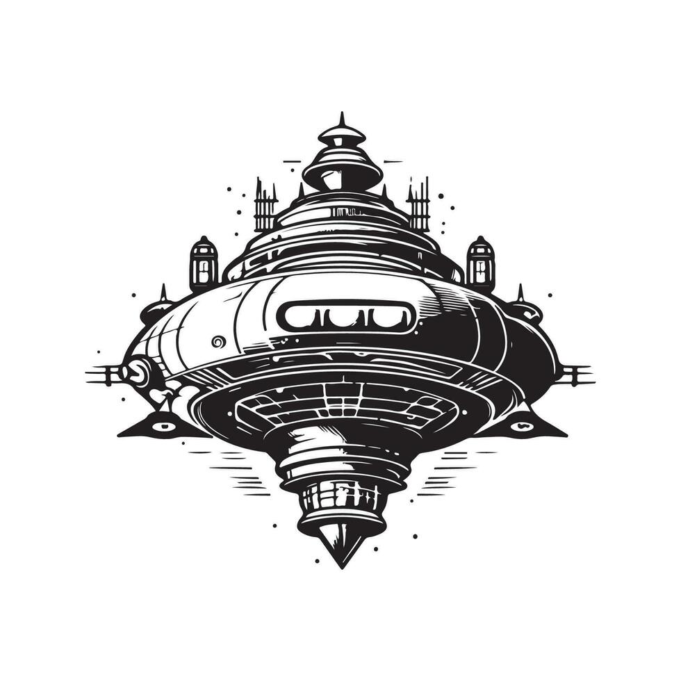 giant spaceship, vintage logo line art concept black and white color, hand drawn illustration vector