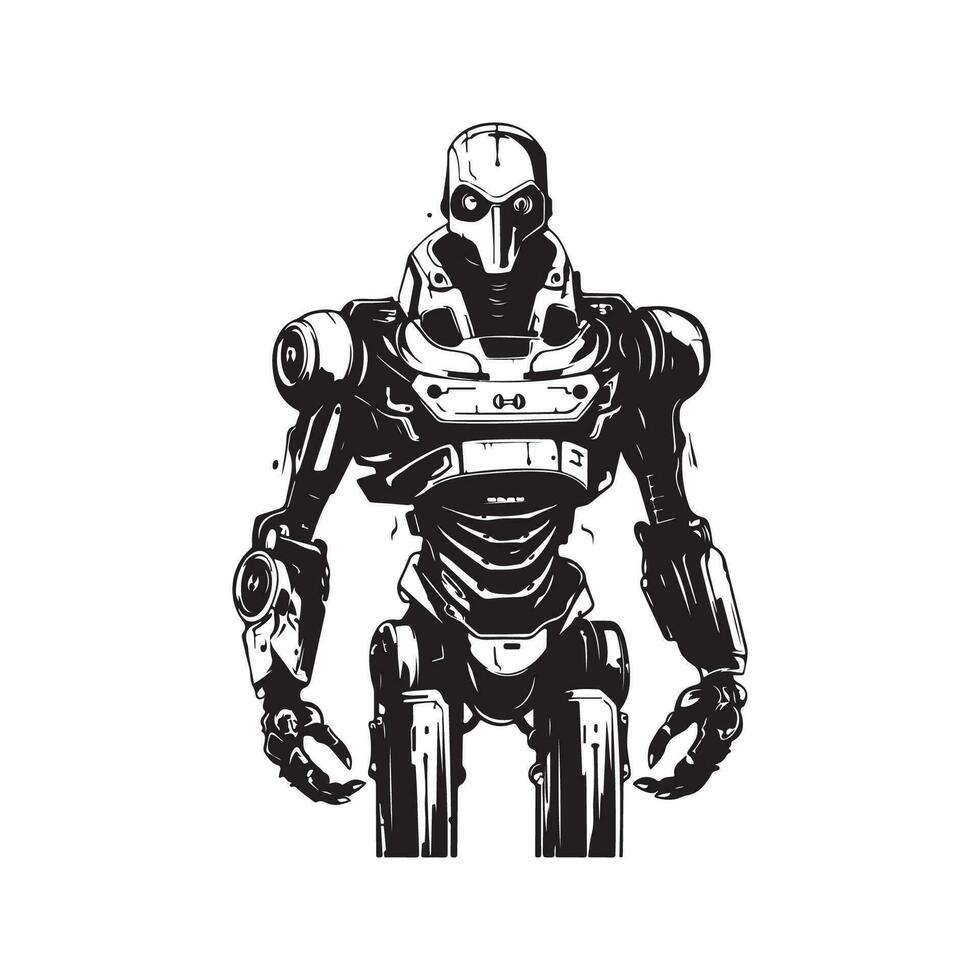 humanoid cyborg, vintage logo line art concept black and white color, hand drawn illustration vector