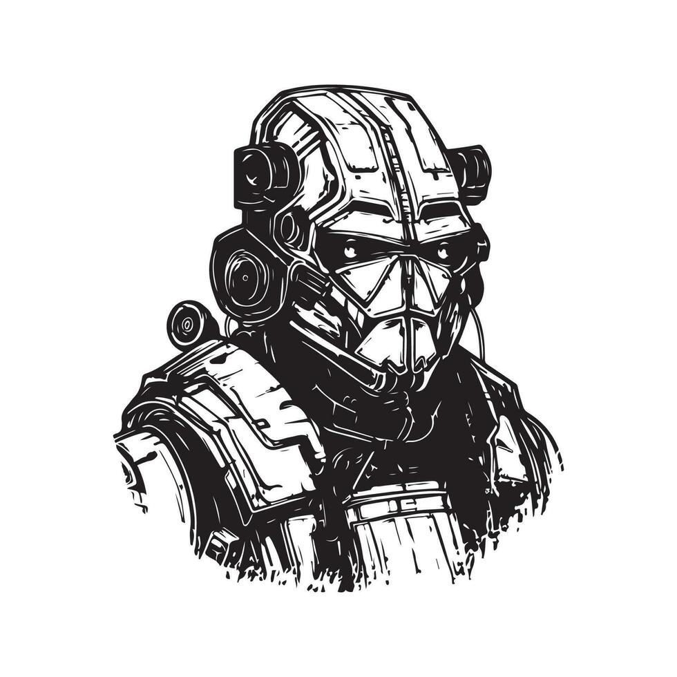 Ciencias ficción militar robot guerrero, Clásico logo línea Arte concepto negro y blanco color, mano dibujado ilustración vector