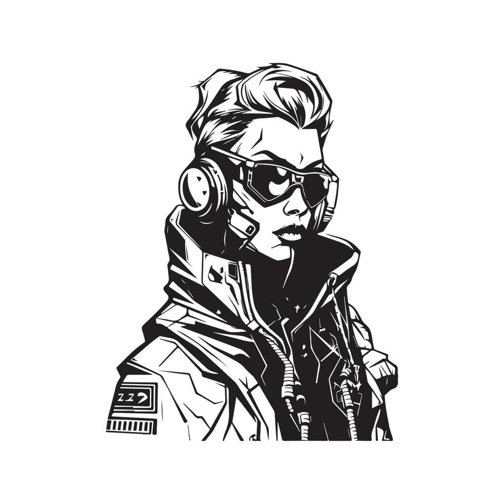 futuristic cyberpunk character, vintage logo line art concept black and white color, hand drawn illustration vector