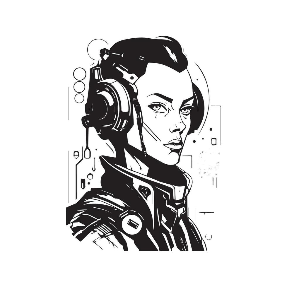 futuristic cyberpunk character, vintage logo line art concept black and white color, hand drawn illustration vector