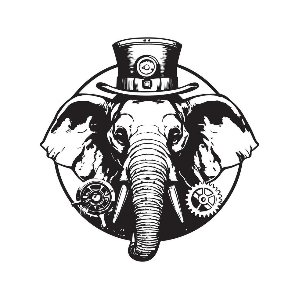 elephant inventor, vintage logo line art concept black and white color, hand drawn illustration vector