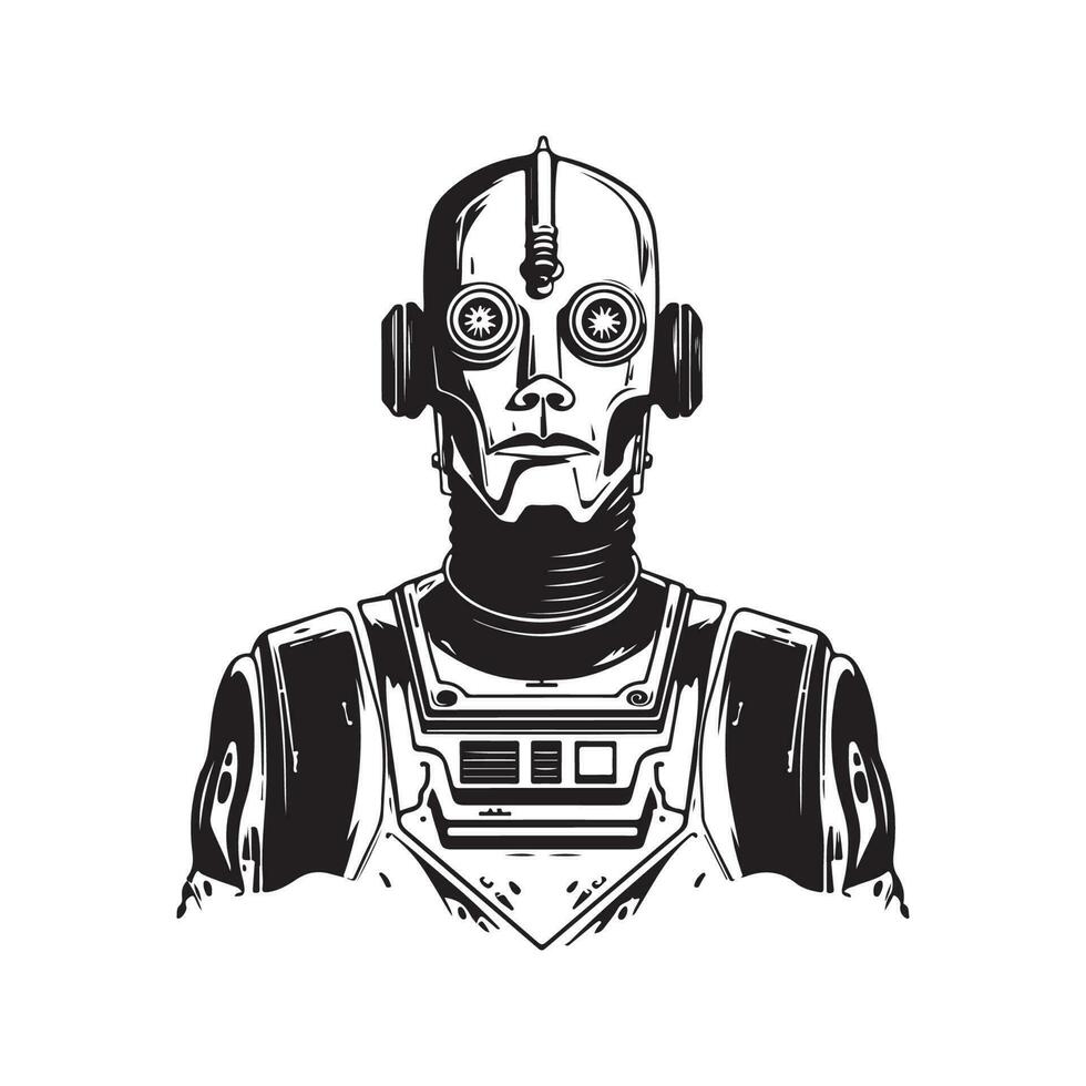 science fiction humanoid robot, vintage logo line art concept black and white color, hand drawn illustration vector