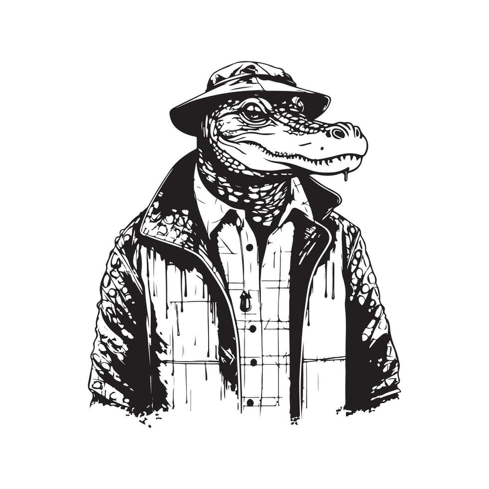 crocodile wearing rain coat, vintage logo line art concept black and white color, hand drawn illustration vector