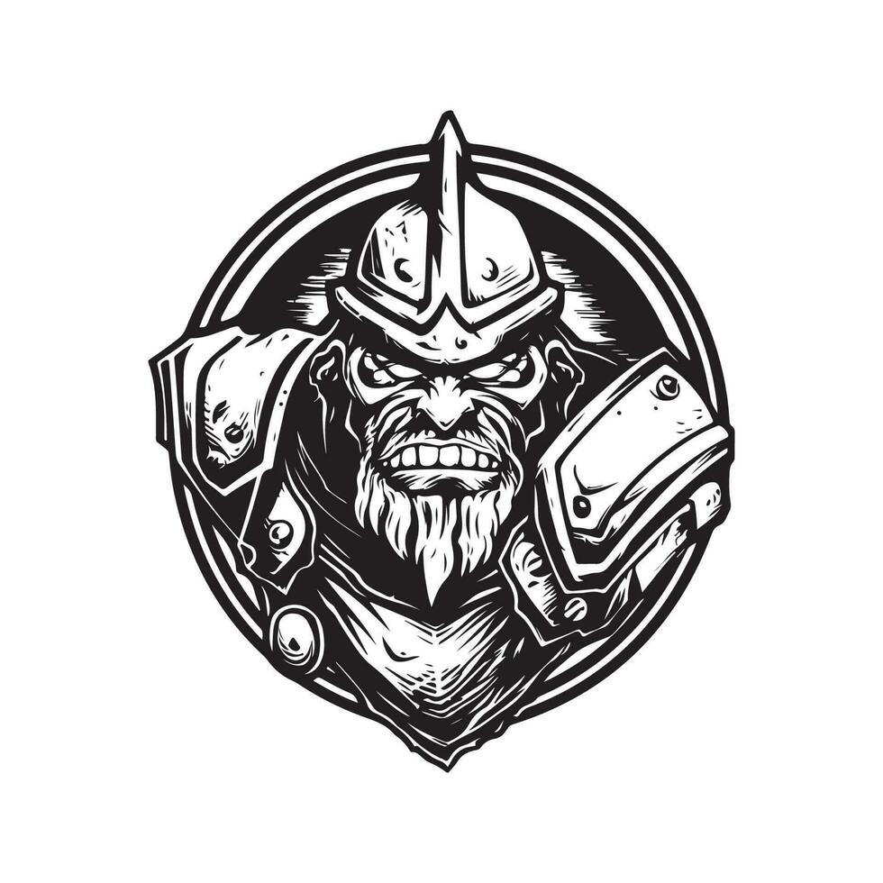 orc knight, vintage logo line art concept black and white color, hand drawn illustration vector