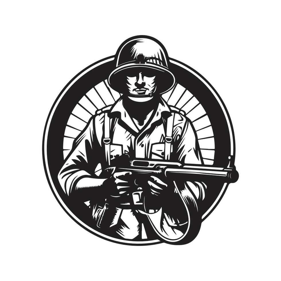 infantryman with weapon, vintage logo line art concept black and white color, hand drawn illustration vector