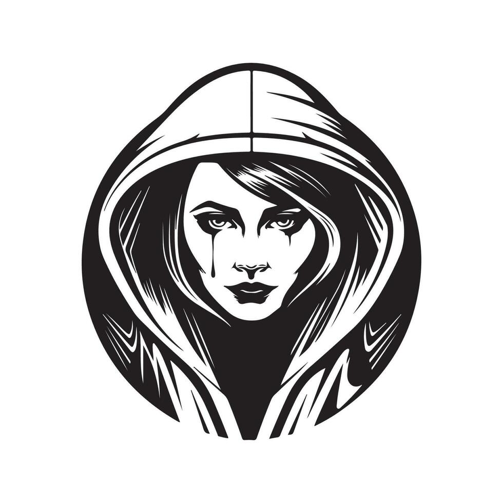 futurista mujer en encapuchado, Clásico logo línea Arte concepto negro y blanco color, mano dibujado ilustración vector