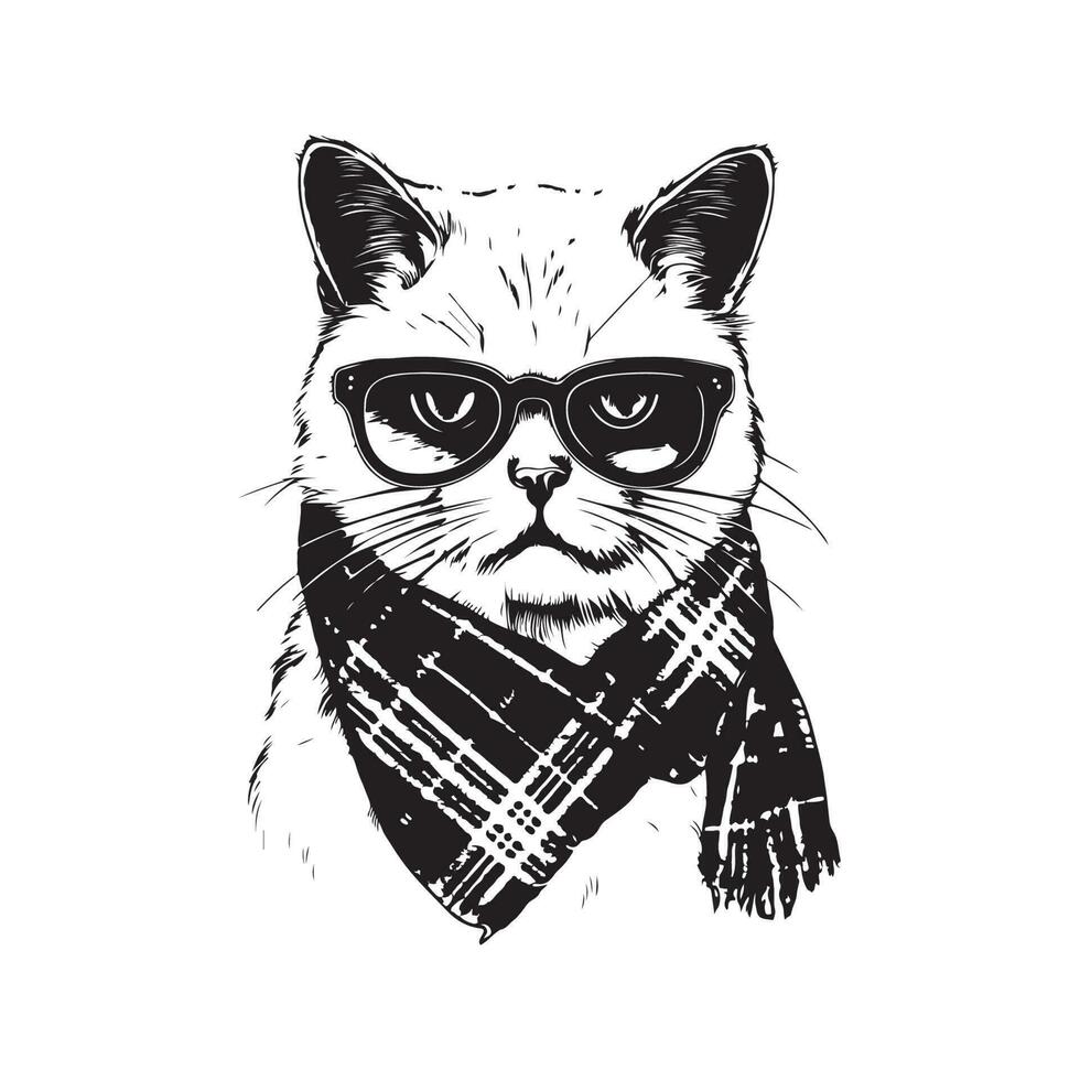 escocés gato vistiendo Gafas de sol y bufanda, Clásico logo línea Arte concepto negro y blanco color, mano dibujado ilustración vector